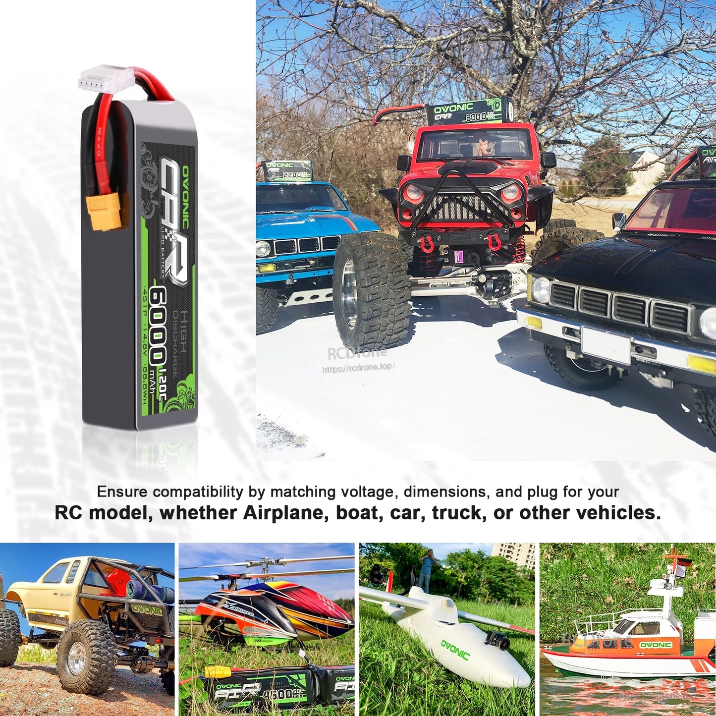 Use case collage showing battery side view and RC applications: cars, trucks, boat, airplane models