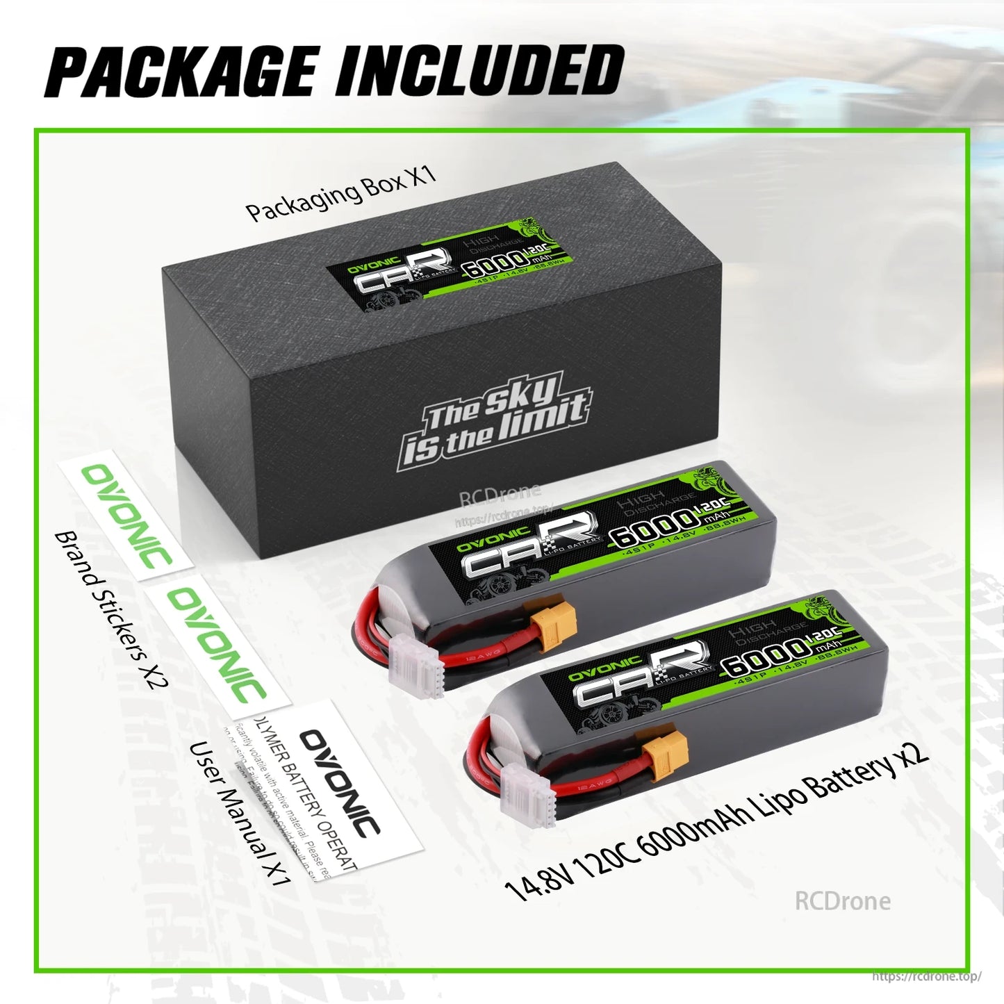 Package contents: two 14.8V 6000mAh 120C LiPo batteries, storage box, brand stickers, user manual