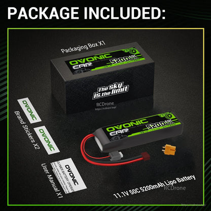 Package contents: Ovonic 11.1V 50C 5200mAh LiPo battery, box, user manual, and brand stickers