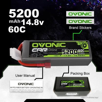 Package contents for Ovonic 5200mAh 14.8V 60C LiPo battery: packing box, user manual, and brand stickers