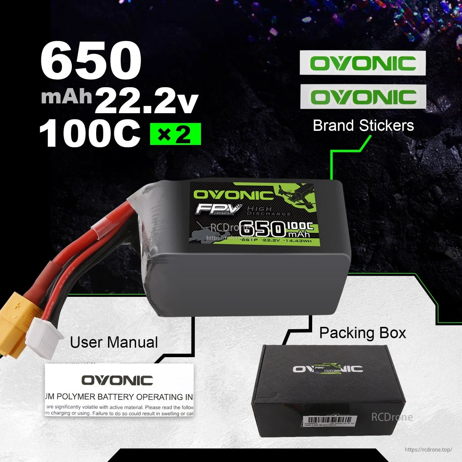Ovonic 2-Pack 650mAh 6S 22.2V 100C LiPo battery set with box, manual, and Ovonic brand stickers