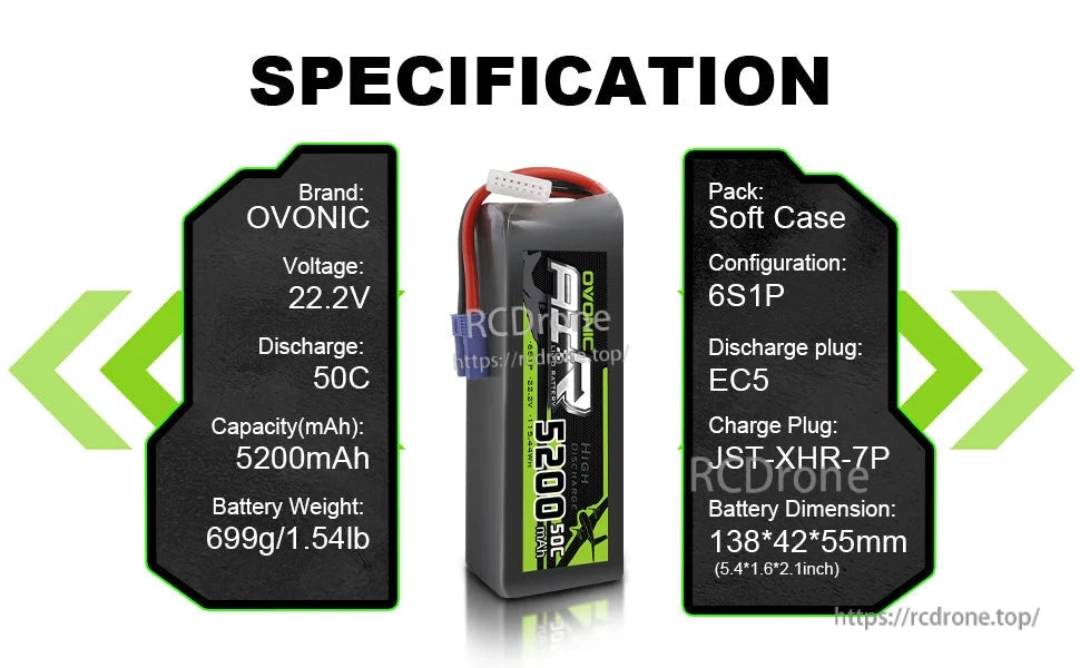 Specification chart for Ovonic 6S 5200mAh 50C LiPo: 22.2V, EC5 plug, JST-XHR-7P, 138×42×55mm
