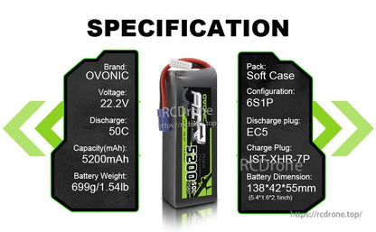 Specification chart for Ovonic 6S 5200mAh 50C LiPo: 22.2V, EC5 plug, JST-XHR-7P, 138×42×55mm