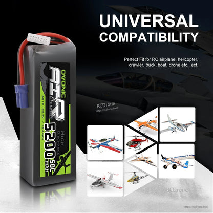 Universal compatibility graphic with Ovonic 6S 5200mAh LiPo battery and RC airplane/helicopter images