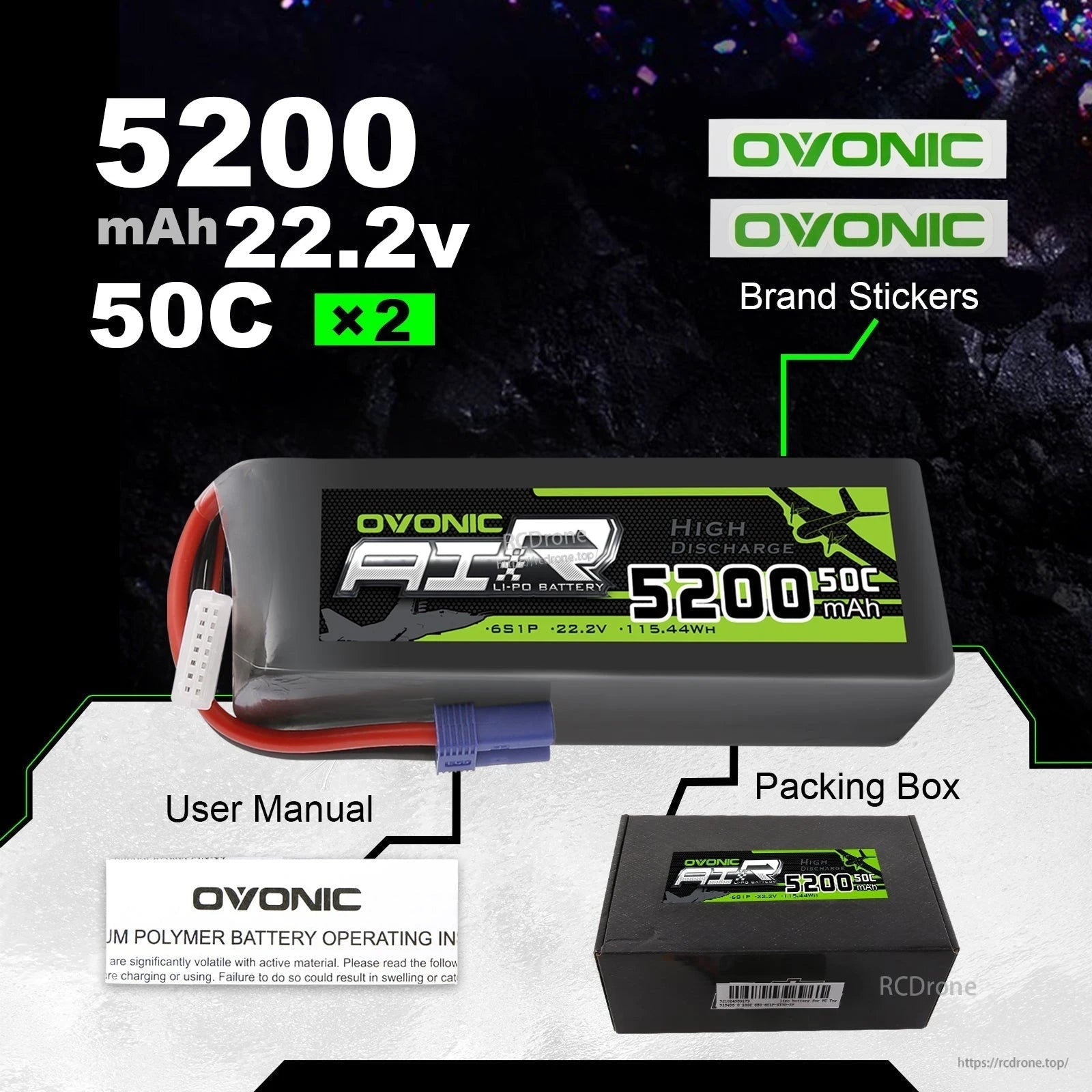 Package contents graphic showing 2 batteries, brand stickers, user manual, and packing box
