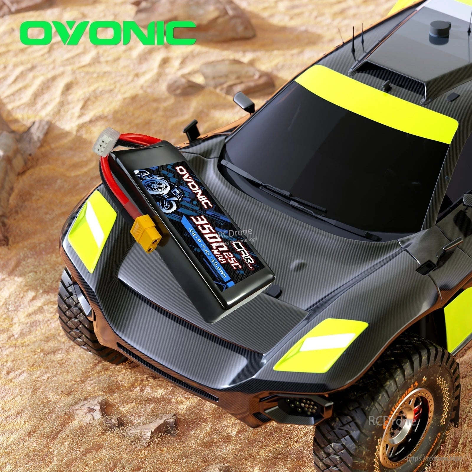 LiPo battery shown installed on RC car chassis as a use case