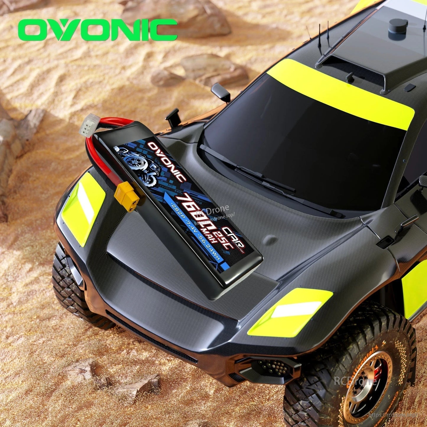Ovonic 7.4V 7600mAh LiPo battery shown on RC car for fitment/use case