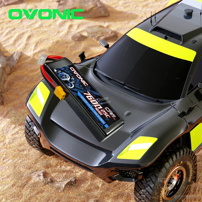 Ovonic 7.4V 7600mAh LiPo battery shown on RC car for fitment/use case
