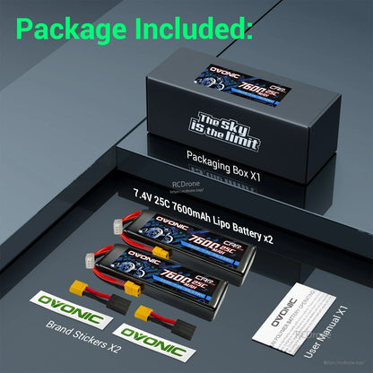 Package includes: 2 LiPo batteries, 2 adapters, packaging box, brand stickers and user manual