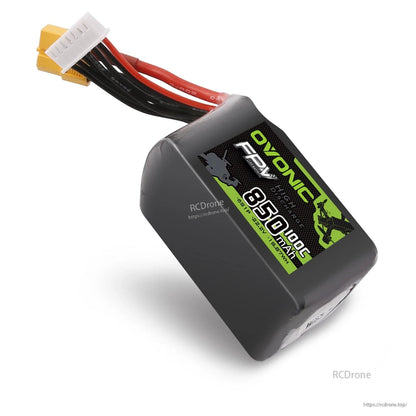 Single Ovonic 850mAh 6S 22.2V 100C LiPo battery close-up showing label, XT60 connector and balance lead