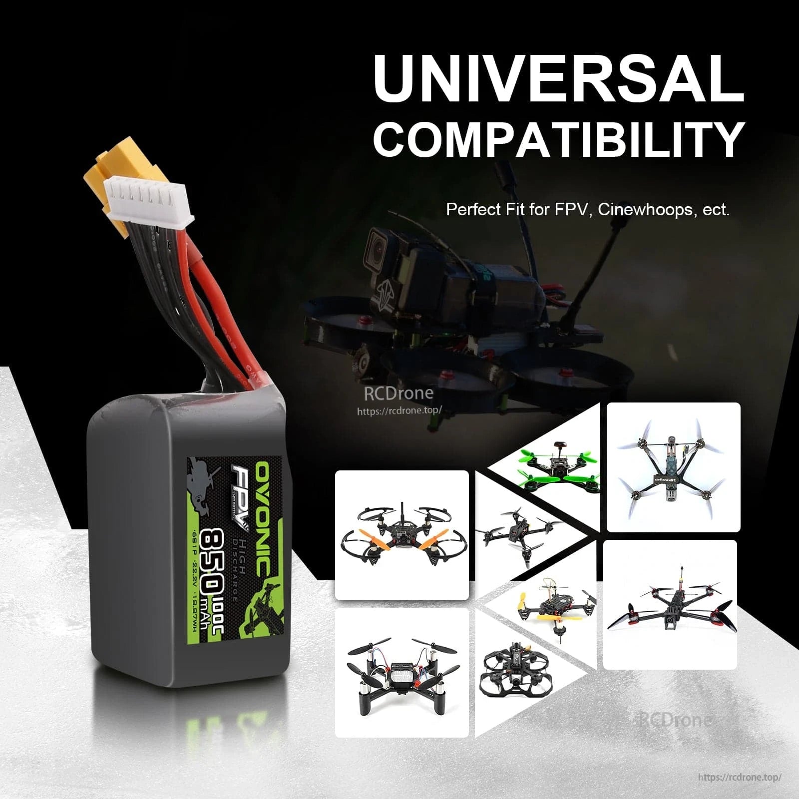 Universal compatibility graphic showing Ovonic 850mAh 6S LiPo battery for FPV and cinewhoop style drones