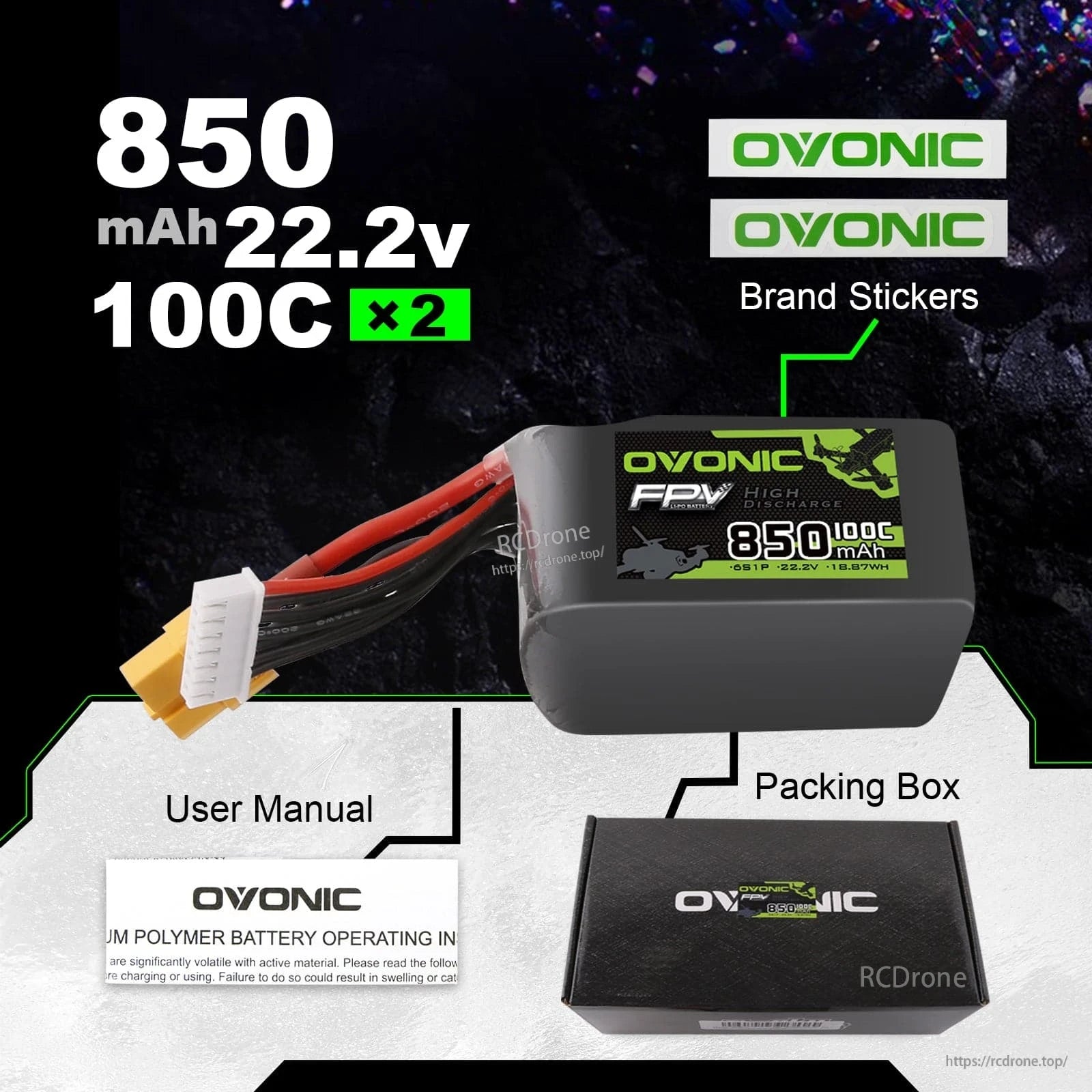 Package contents shown: 850mAh 22.2V 100C battery, brand stickers, user manual, and Ovonic packing box