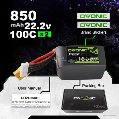 Package contents shown: 850mAh 22.2V 100C battery, brand stickers, user manual, and Ovonic packing box