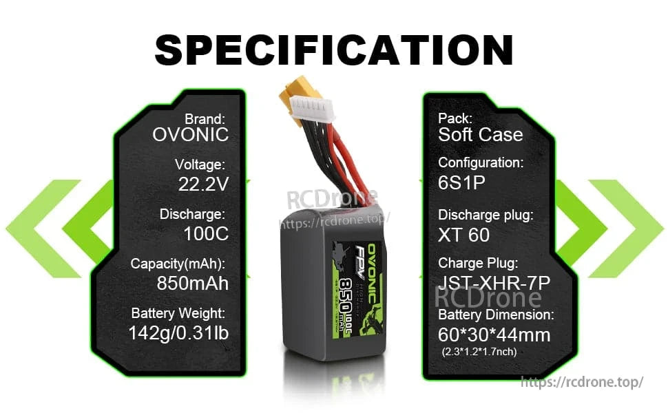 Specification graphic listing 22.2V 100C 850mAh, 142g weight, XT60 plug, JST-XHR-7P, and 60×30×44mm size