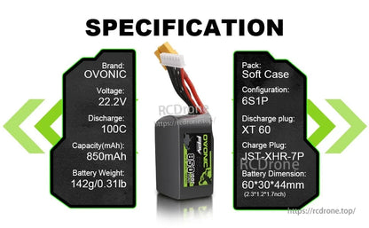 Specification graphic listing 22.2V 100C 850mAh, 142g weight, XT60 plug, JST-XHR-7P, and 60×30×44mm size