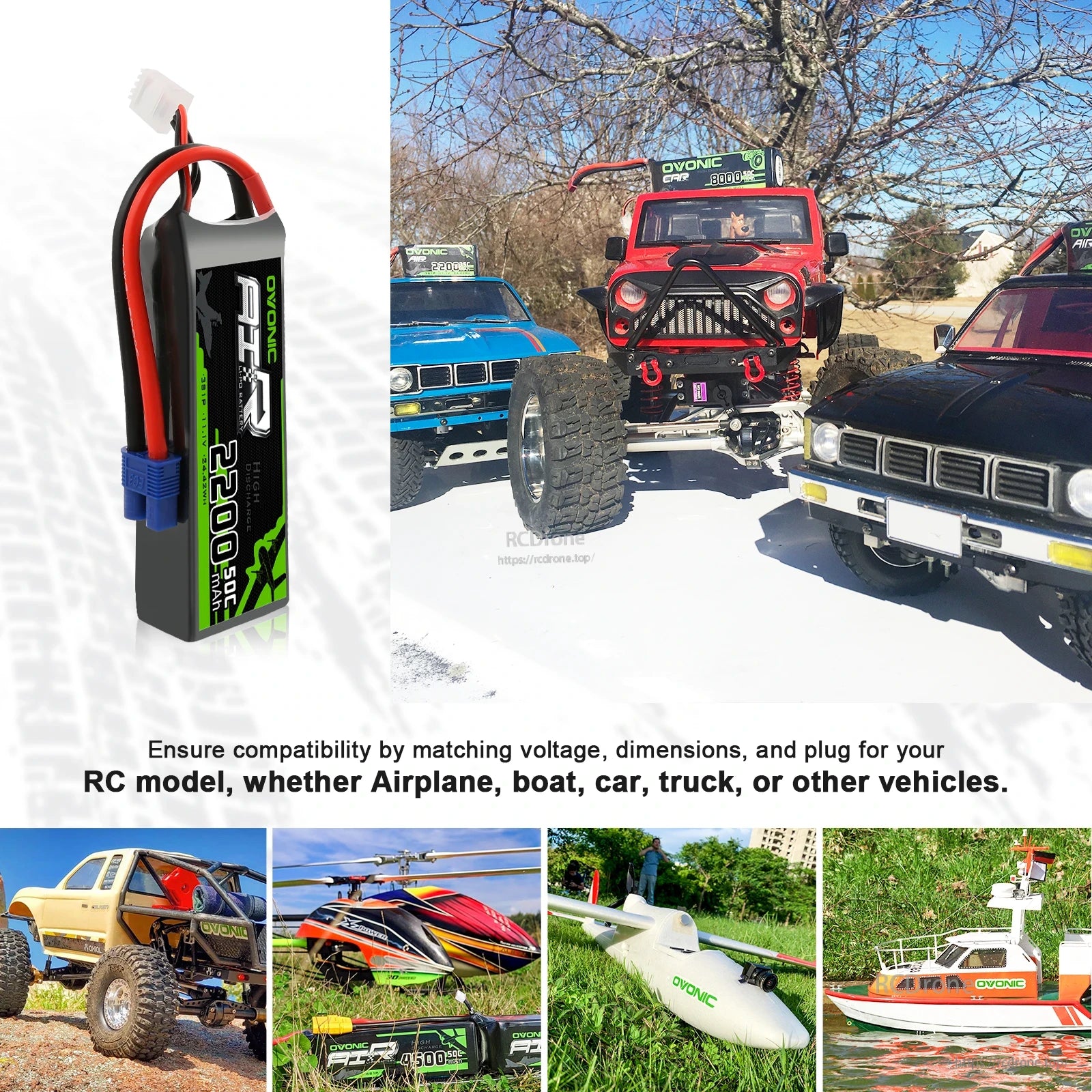 RC model use cases collage showing battery next to off-road RC trucks, helicopter, airplane, and boat
