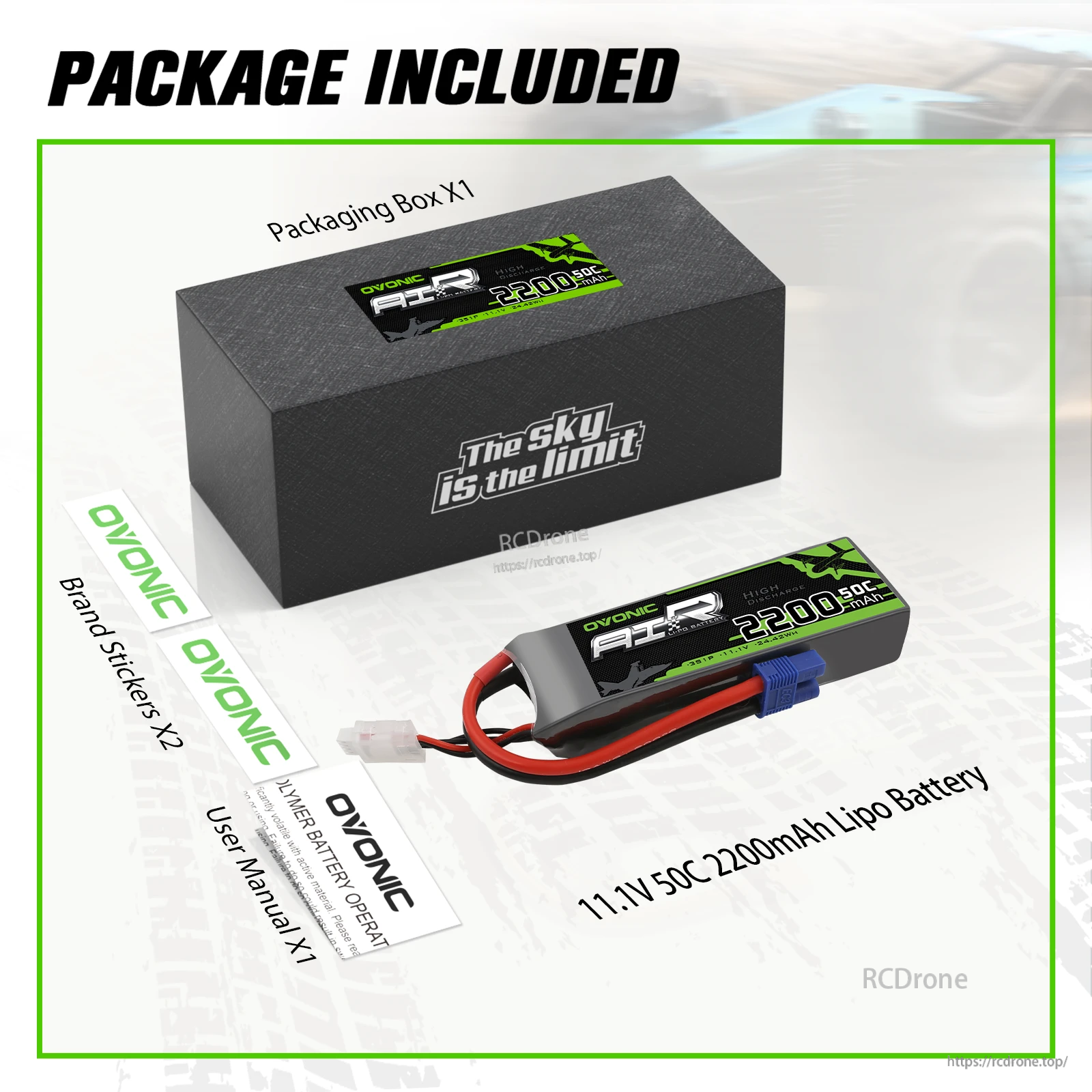 Package contents for Ovonic 11.1V 50C 2200mAh LiPo battery: box, stickers and user manual included