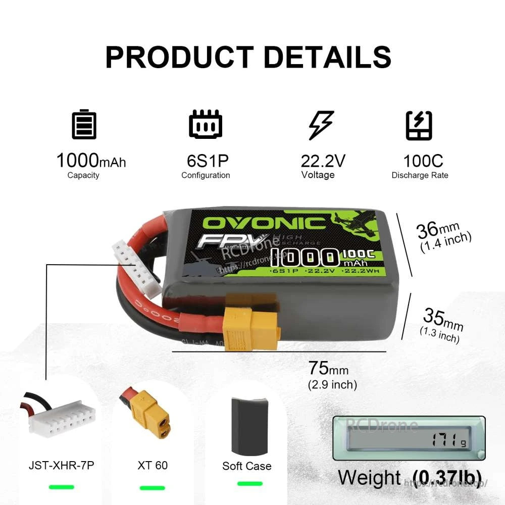 Product details graphic for Ovonic 6S1P 22.2V 1000mAh 100C LiPo with dimensions, weight, and plugs