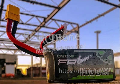 Side profile of Ovonic FPV 1000mAh 22.2V 6S LiPo battery with XT60 connector and thick silicone wire