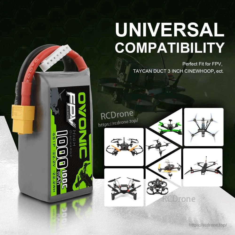 Universal compatibility graphic for Ovonic 6S 1000mAh LiPo for FPV drones and 3-inch cinewhoop applications