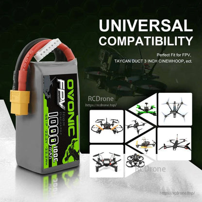 Ovonic 1000mAh 6S LiPo battery with XT60 shown with universal compatibility FPV drone graphic