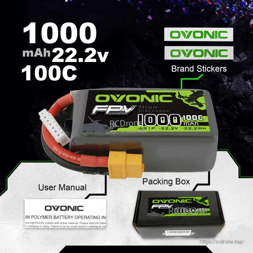 Ovonic 22.2V 100C 1000mAh 6S1P LiPo battery with XT60 and balance lead, plus box, manual and stickers