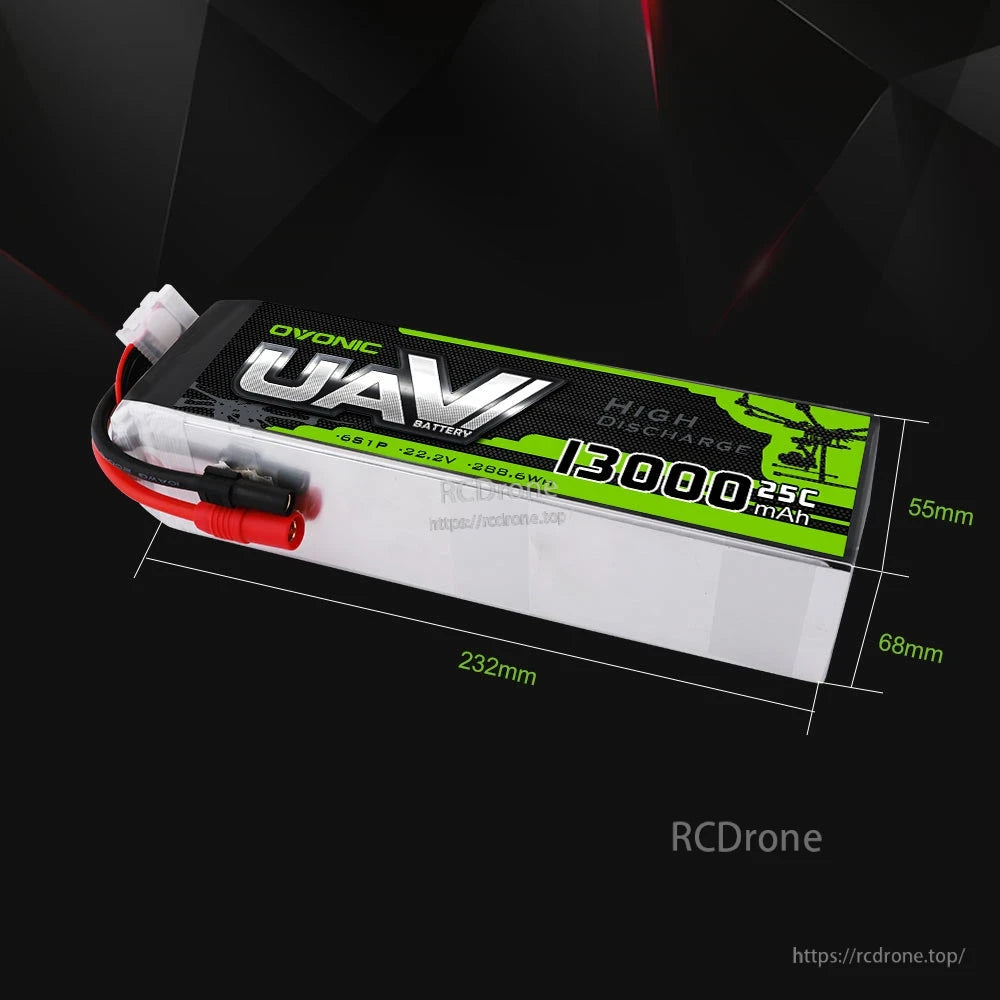 Ovonic UAV 13000mAh LiPo battery dimensions shown: 232 mm length, 68 mm width, 55 mm height