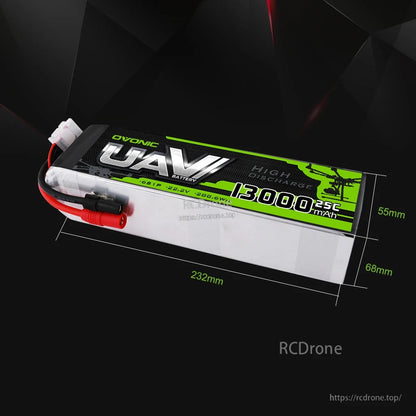 Ovonic UAV 13000mAh LiPo battery dimensions shown: 232 mm length, 68 mm width, 55 mm height