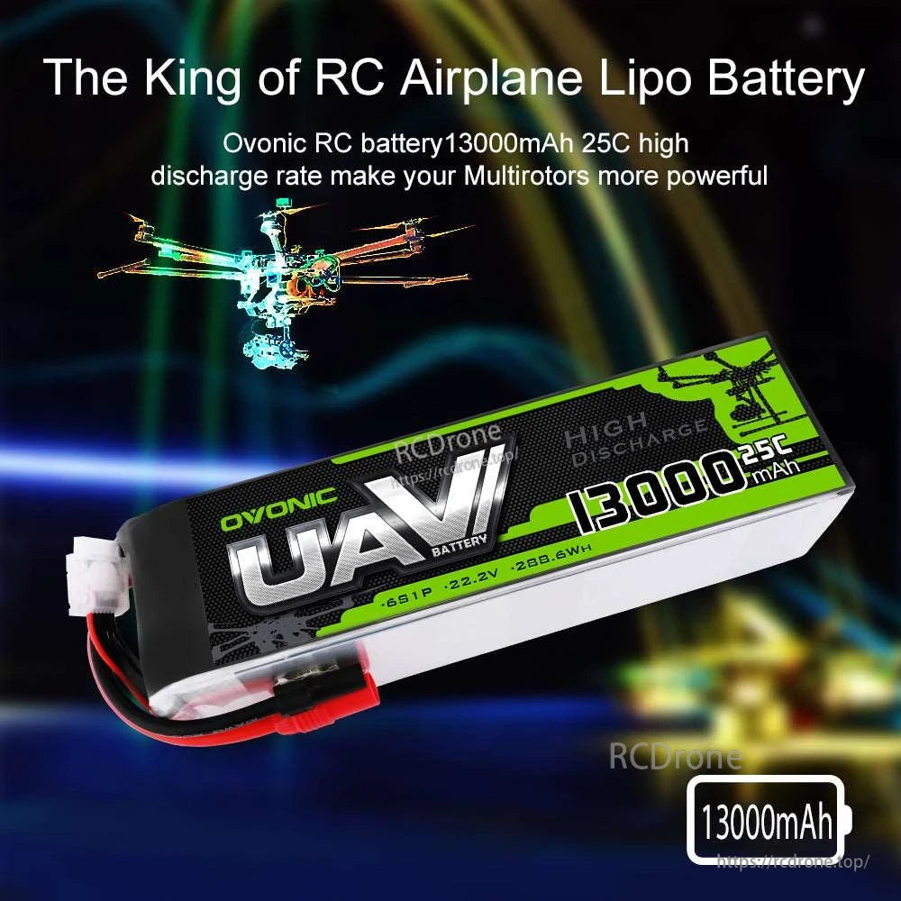 Ovonic 13000mAh 6S LiPo battery promotional graphic with RC multirotor/airplane application