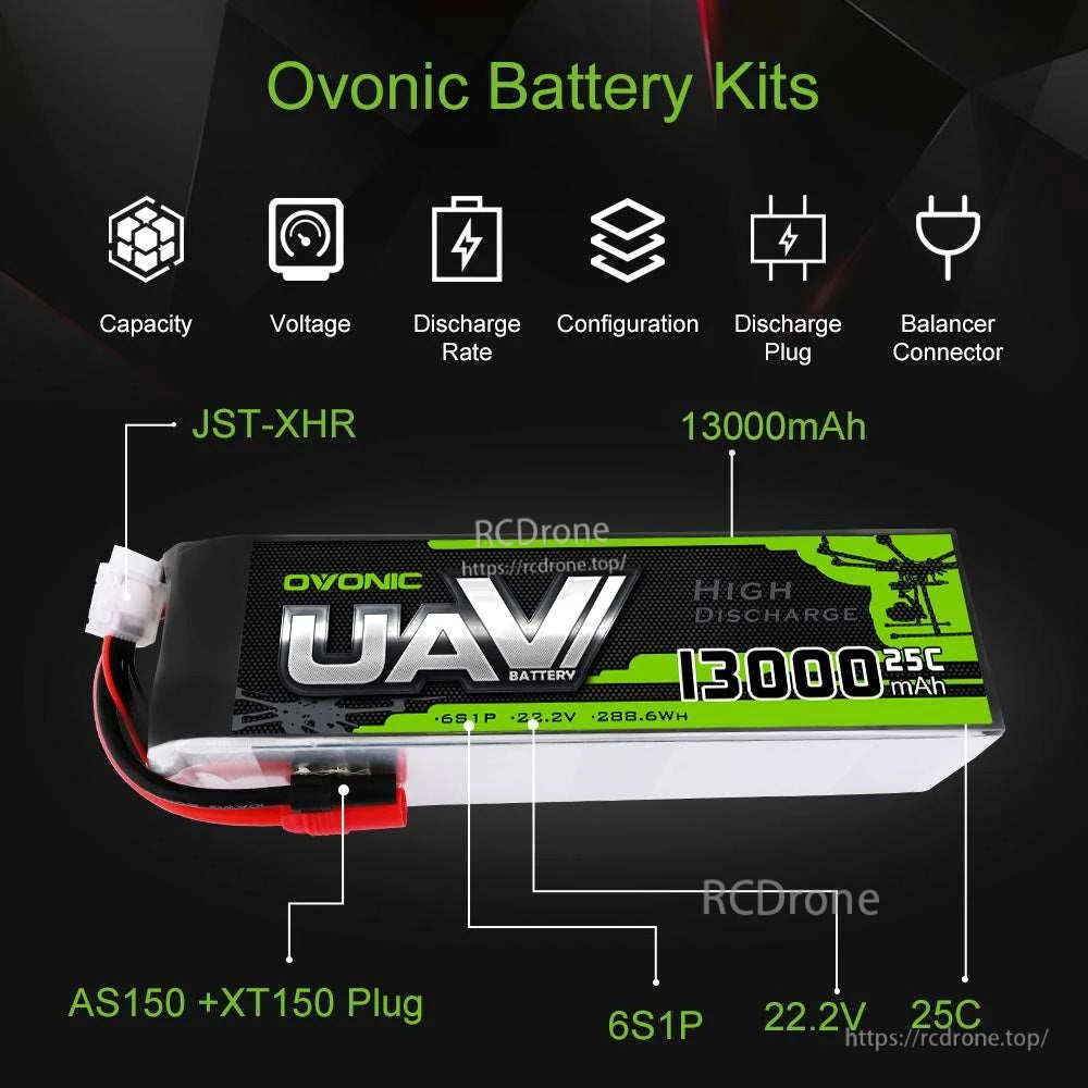 Ovonic 22.2V 25C 6S 13000mAh LiPo battery pack with AS150+XT150 plug and JST-XHR balance lead