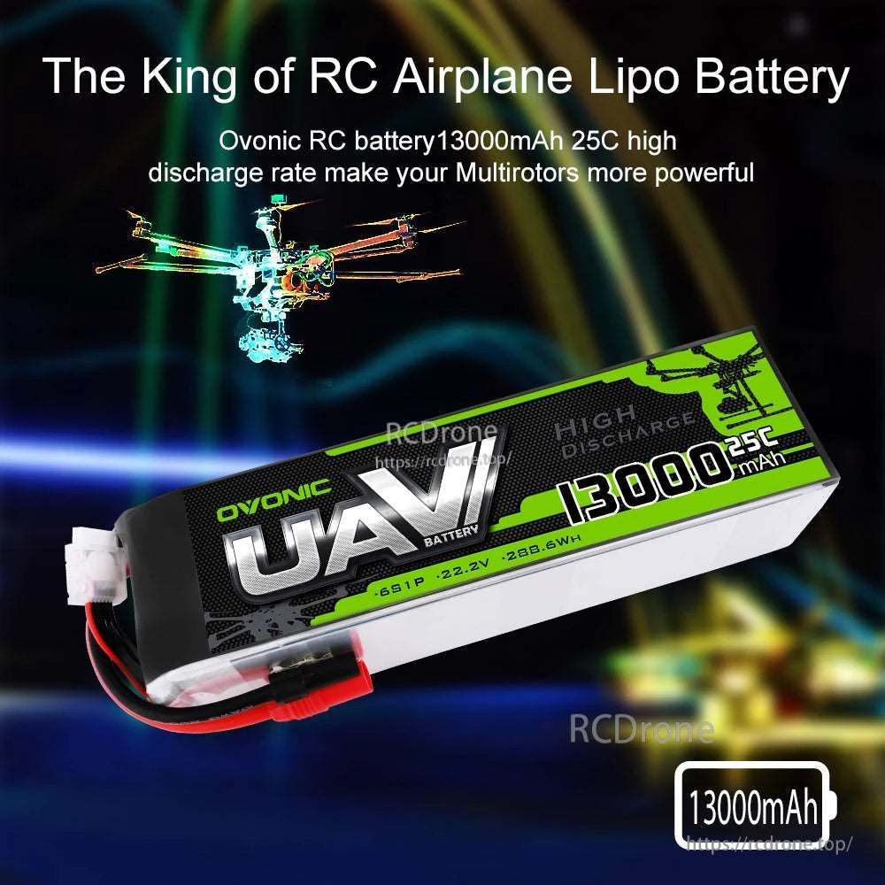 Ovonic 22.2V 25C 6S 13000mAh LiPo Battery angled product view for multirotor drone power