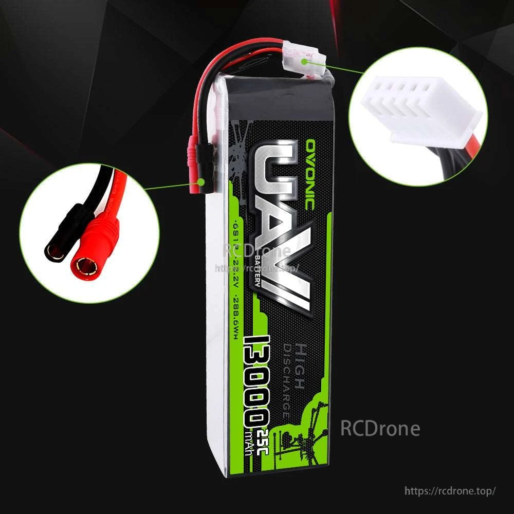 Side view of Ovonic 6S 13000mAh UAV LiPo battery with AS150+XT150 discharge connector and JST-XHR balance plug