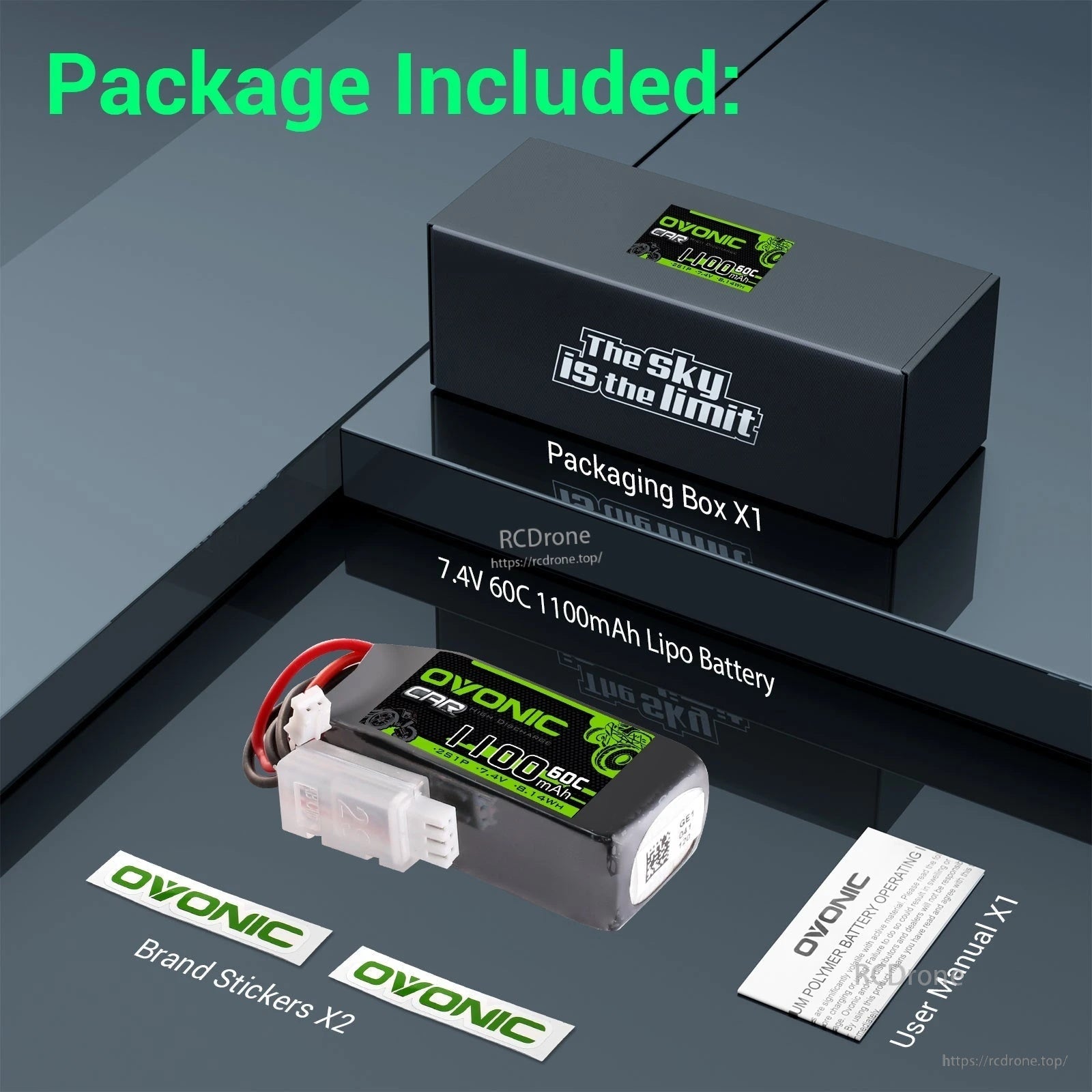 Ovonic 2S 1100mAh 60C 7.4V LiPo Battery w/JSTPHR Plug