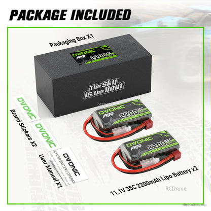 Ovonic 2S 2200mAh 35C 7.4V LiPo Battery package contents: box, two batteries, brand stickers and user manual