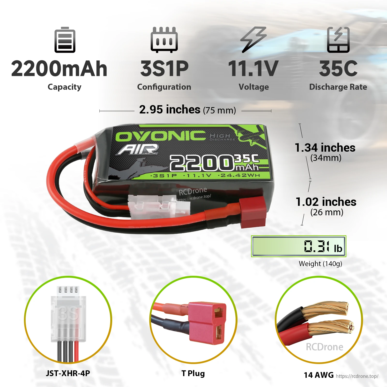 Ovonic 2S 2200mAh 35C 7.4V LiPo battery pack with T‑Plug lead and balance connector, size callouts