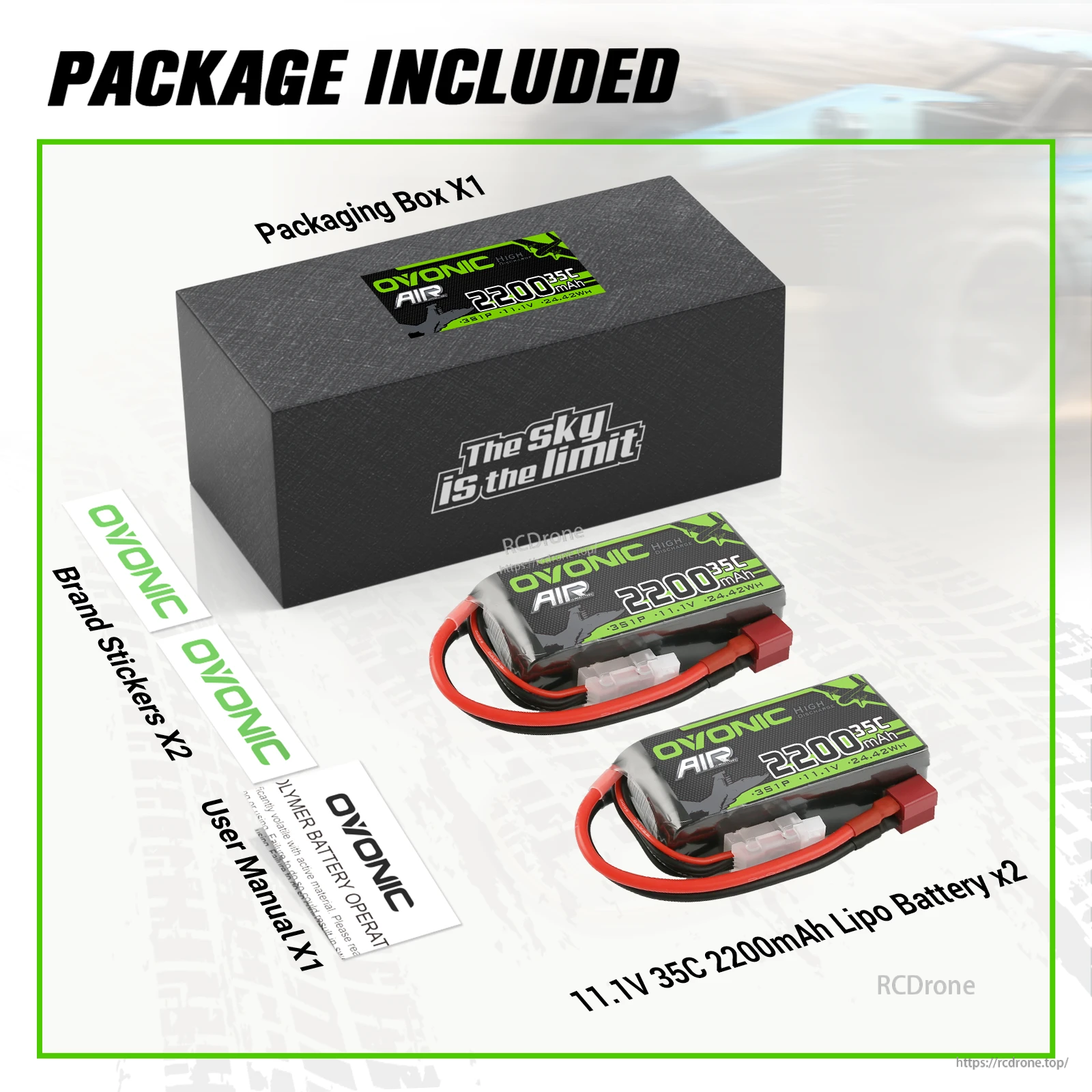 Package contents with two Ovonic LiPo packs, retail box, brand stickers, and user manual