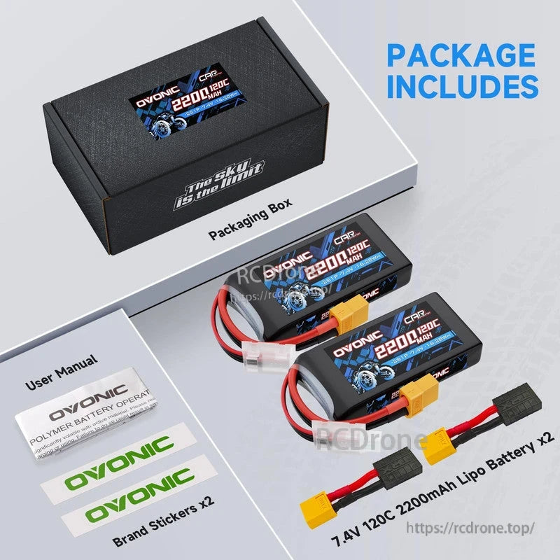 Package contents: two 7.4V 2200mAh 120C LiPo batteries, packaging box, user manual, brand stickers, adapter leads