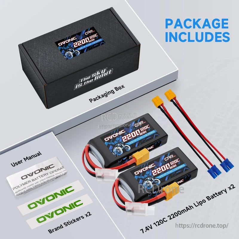 Package contents: two Ovonic 7.4V 2200mAh LiPo batteries, packaging box, manuals, stickers, and adapter leads