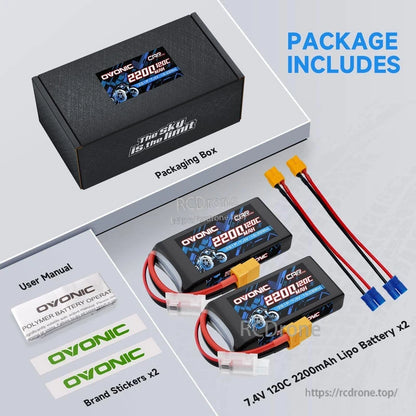 Package contents: two Ovonic 7.4V 2200mAh LiPo batteries, packaging box, manuals, stickers, and adapter leads