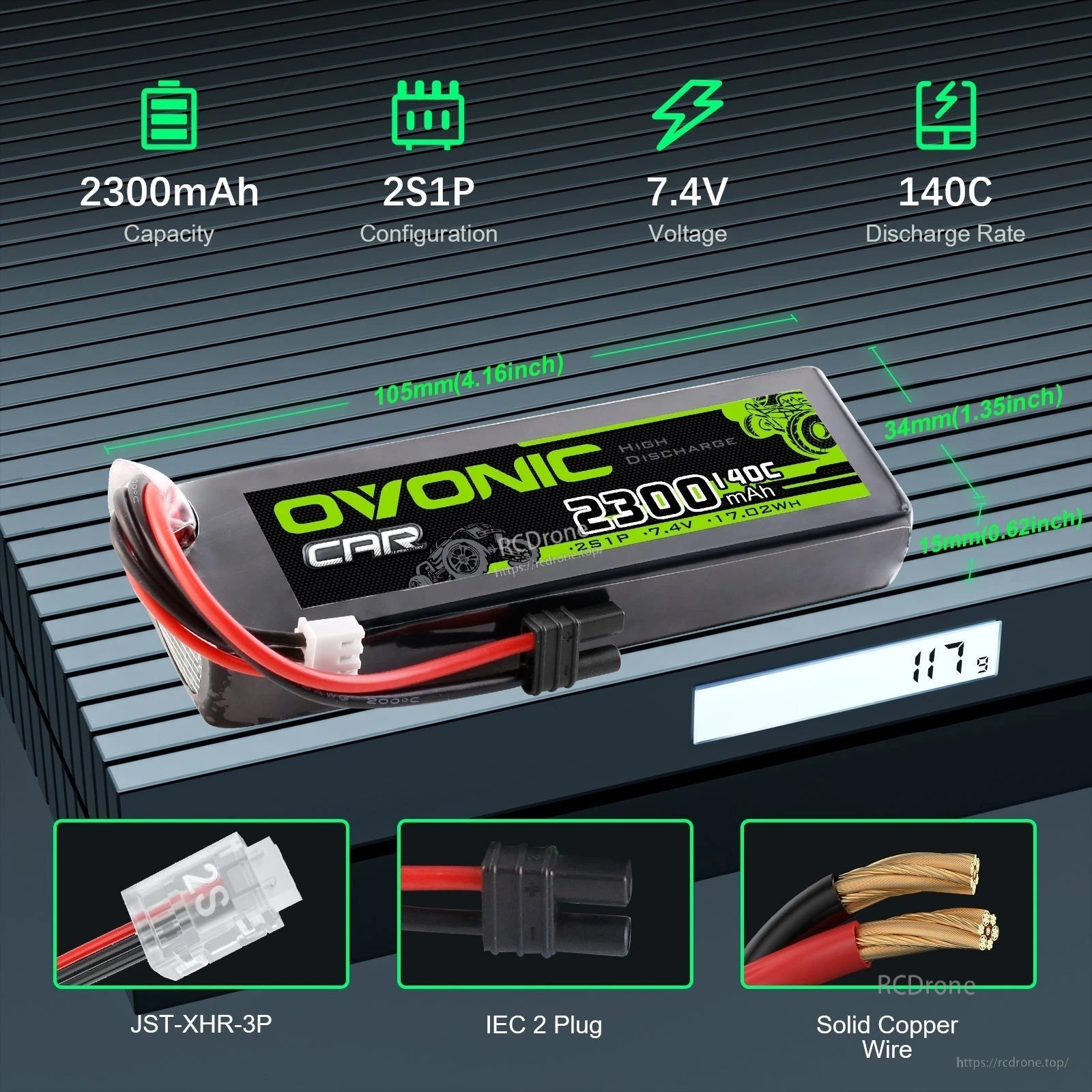 Ovonic 2S 2300mAh 140C 7.4V softcase LiPo battery with IEC2 plug, JST-XHR-3P balance lead and size callouts