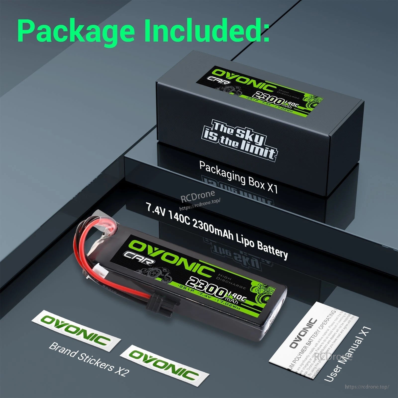 Package contents for OVONIC 7.4V 2300mAh 140C LiPo battery: battery pack, retail box, two stickers and user manual