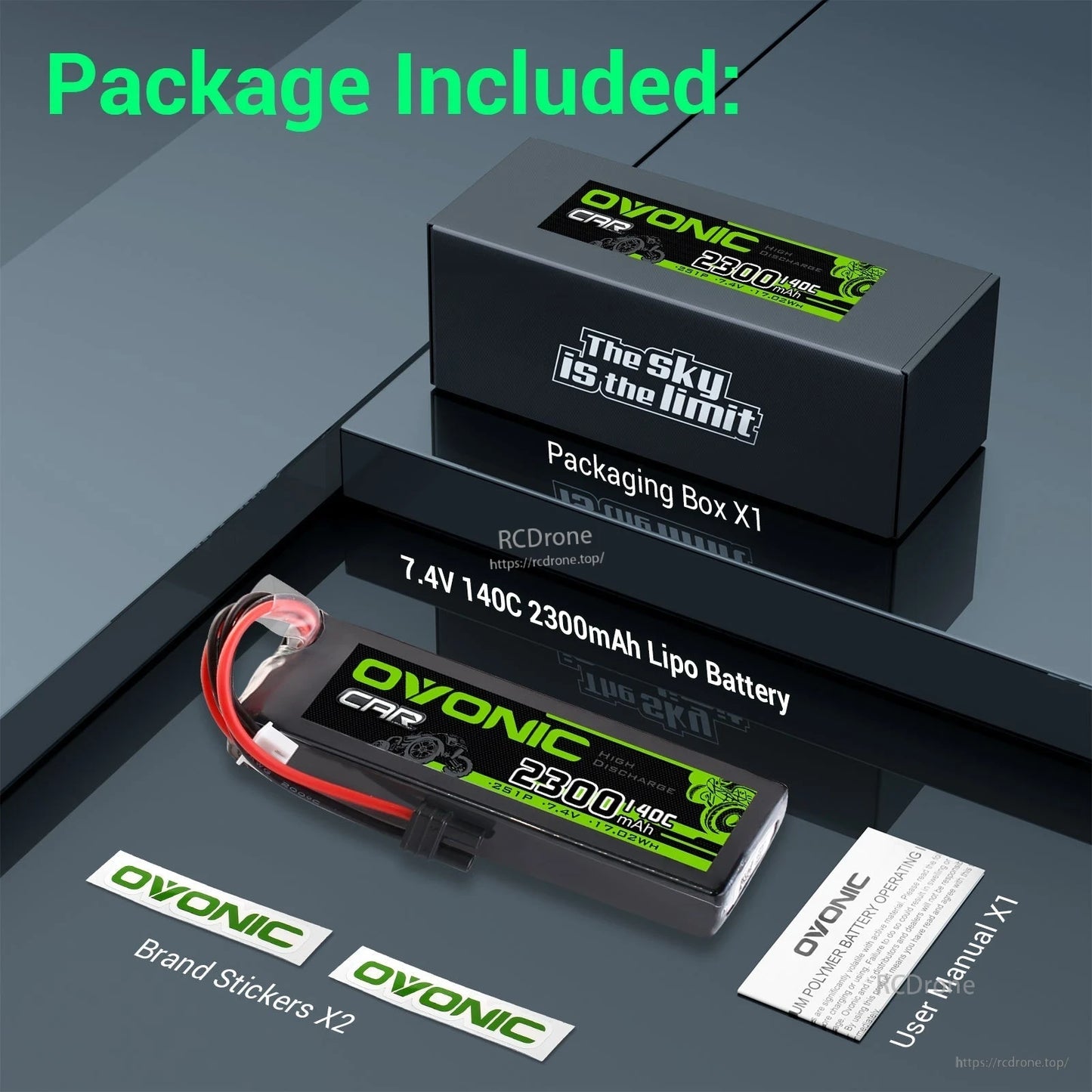 Package contents: Ovonic LiPo battery, retail box, two brand stickers, and user manual