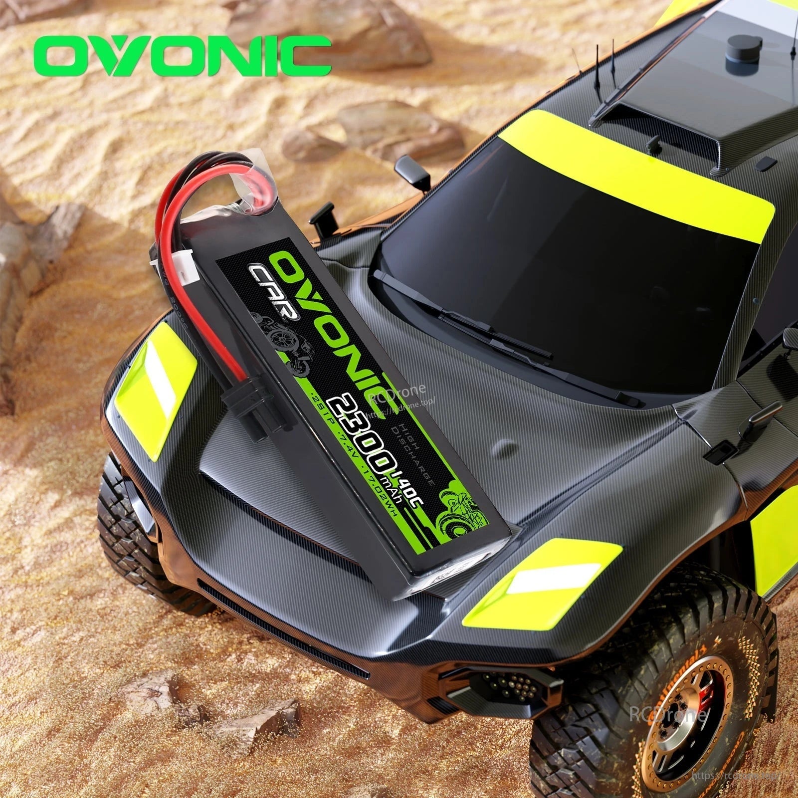 Ovonic softcase LiPo battery shown on top of an RC car body as an application example