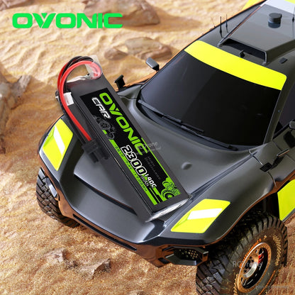 Ovonic softcase LiPo battery shown on top of an RC car body as an application example