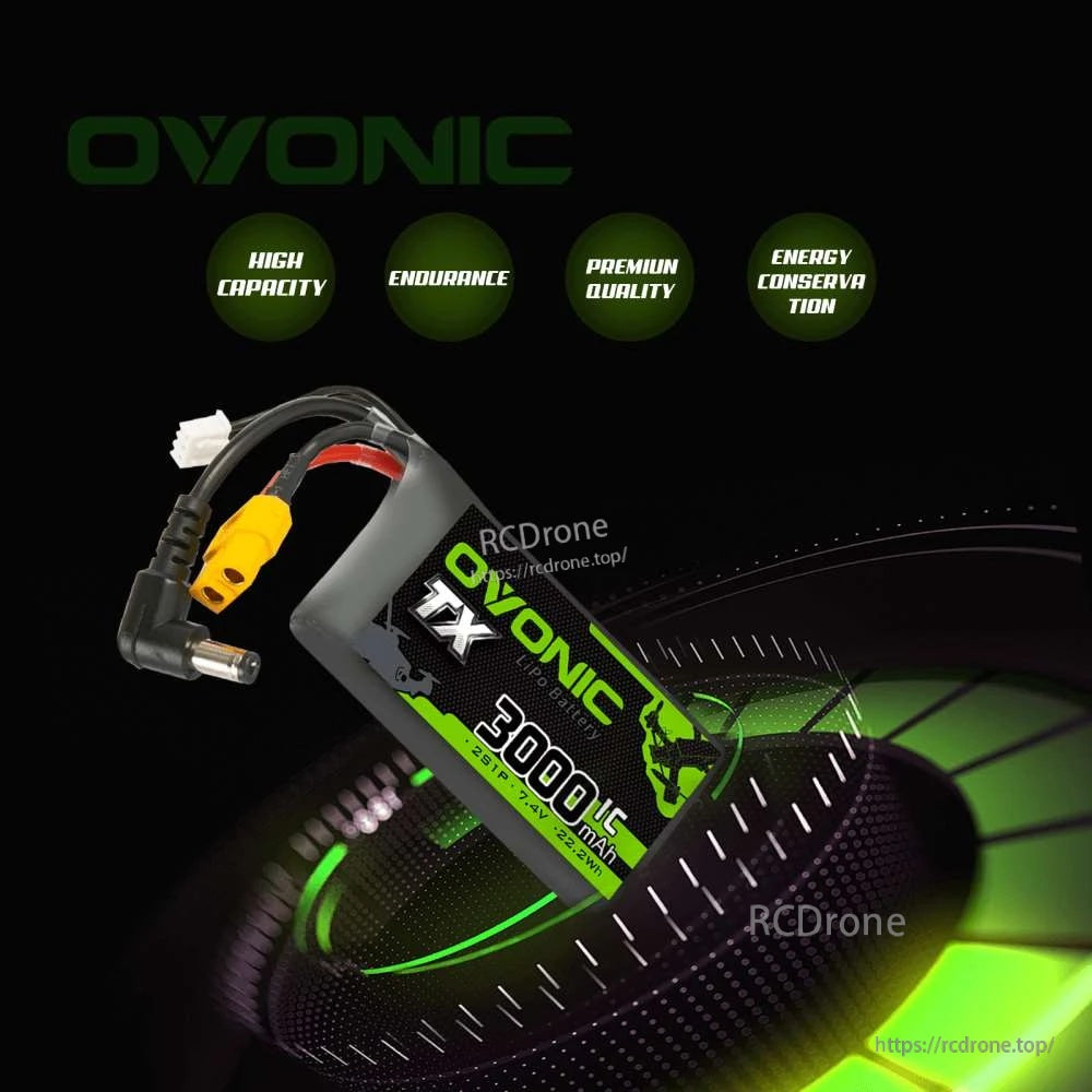 Ovonic TX 2S 3000mAh 7.4V 1C LiPo battery promotional graphic highlighting high capacity and endurance