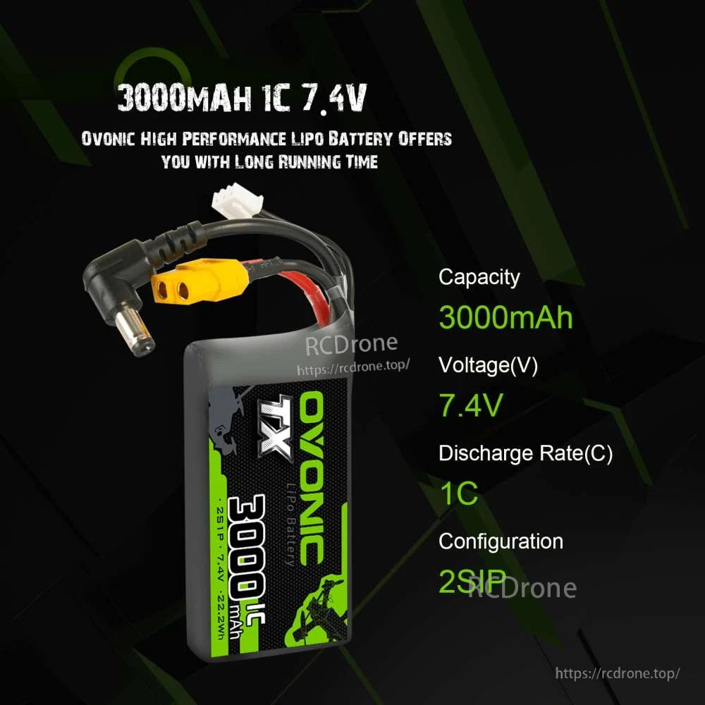 Ovonic TX LiPo battery spec graphic listing 3000mAh capacity, 7.4V voltage, 1C discharge rate, and 2S1P configuration