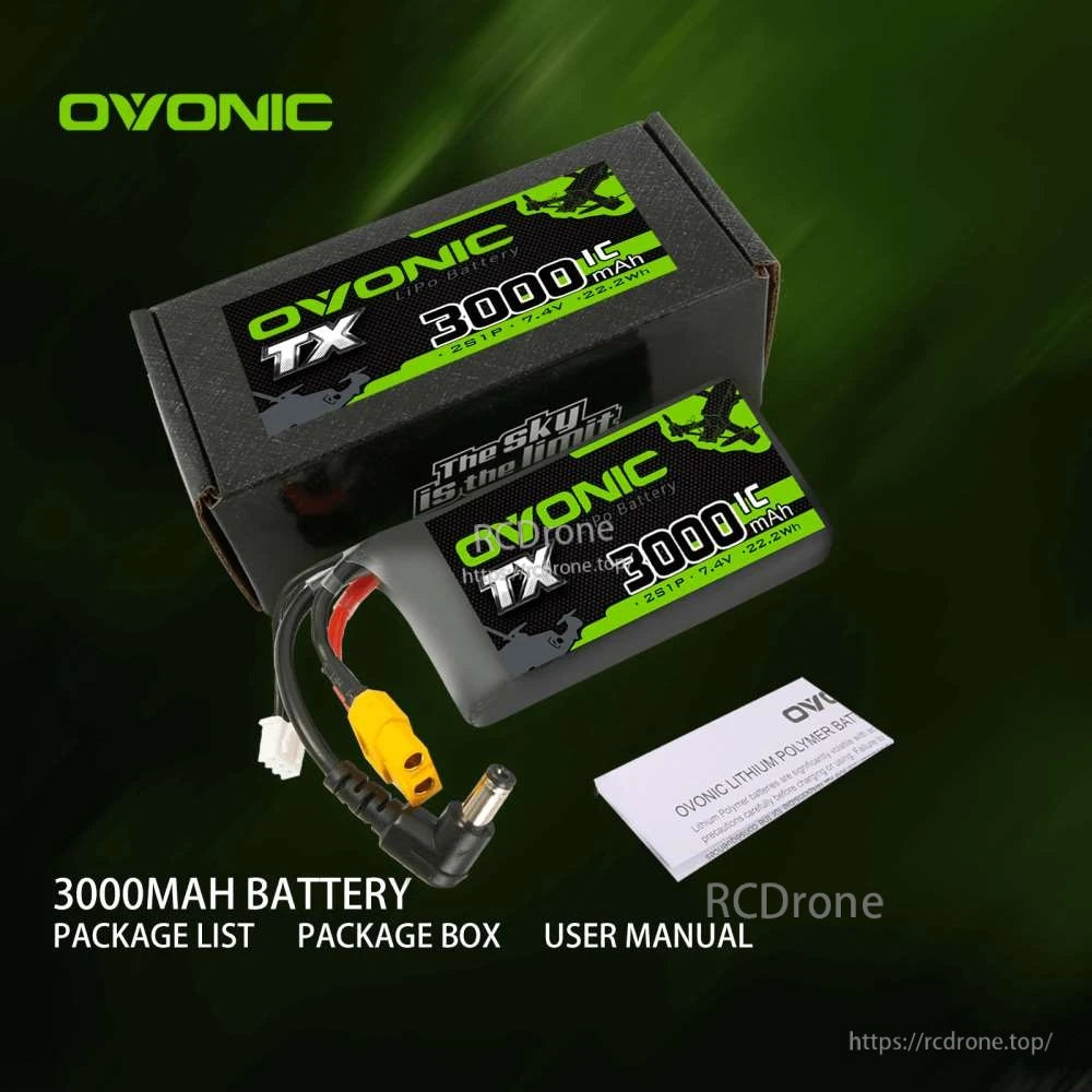 Ovonic TX 3000mAh 2S LiPo battery package contents with box and user manual