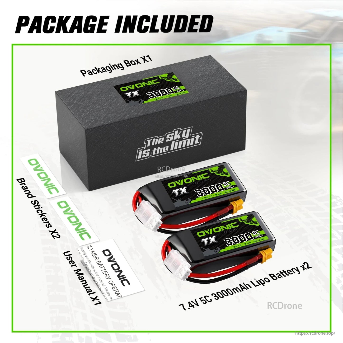 Package contents: two 7.4V 3000mAh 5C LiPo batteries, storage box, brand stickers, and user manual