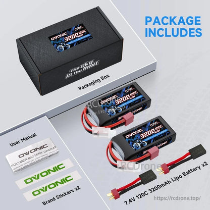 Package includes two 7.4V 3200mAh LiPo batteries, packaging box, user manual, stickers, and adapters