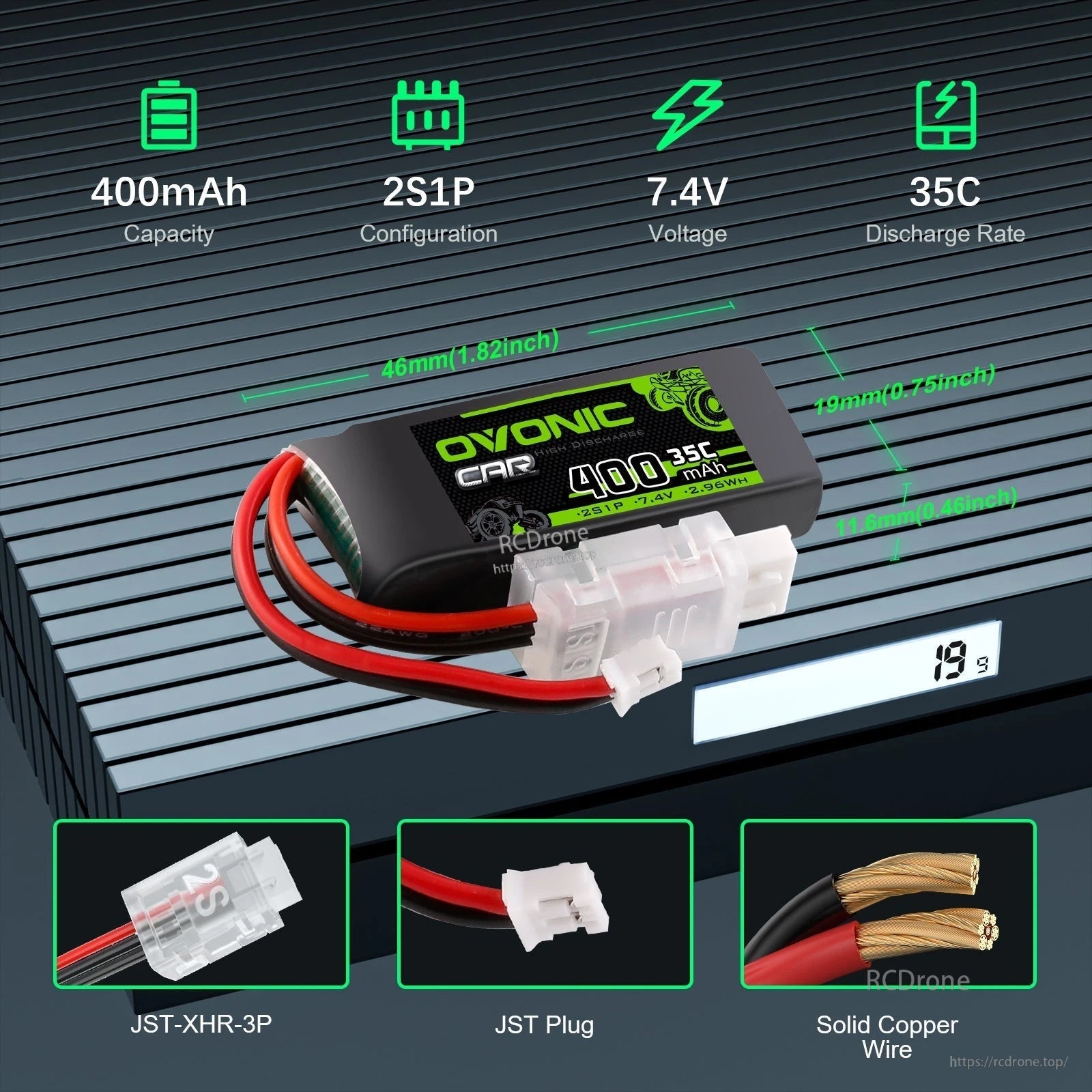 Ovonic 2S 400mAh 35C 7.4V softcase LiPo battery with JST plug and JST-XHR-3P balance lead